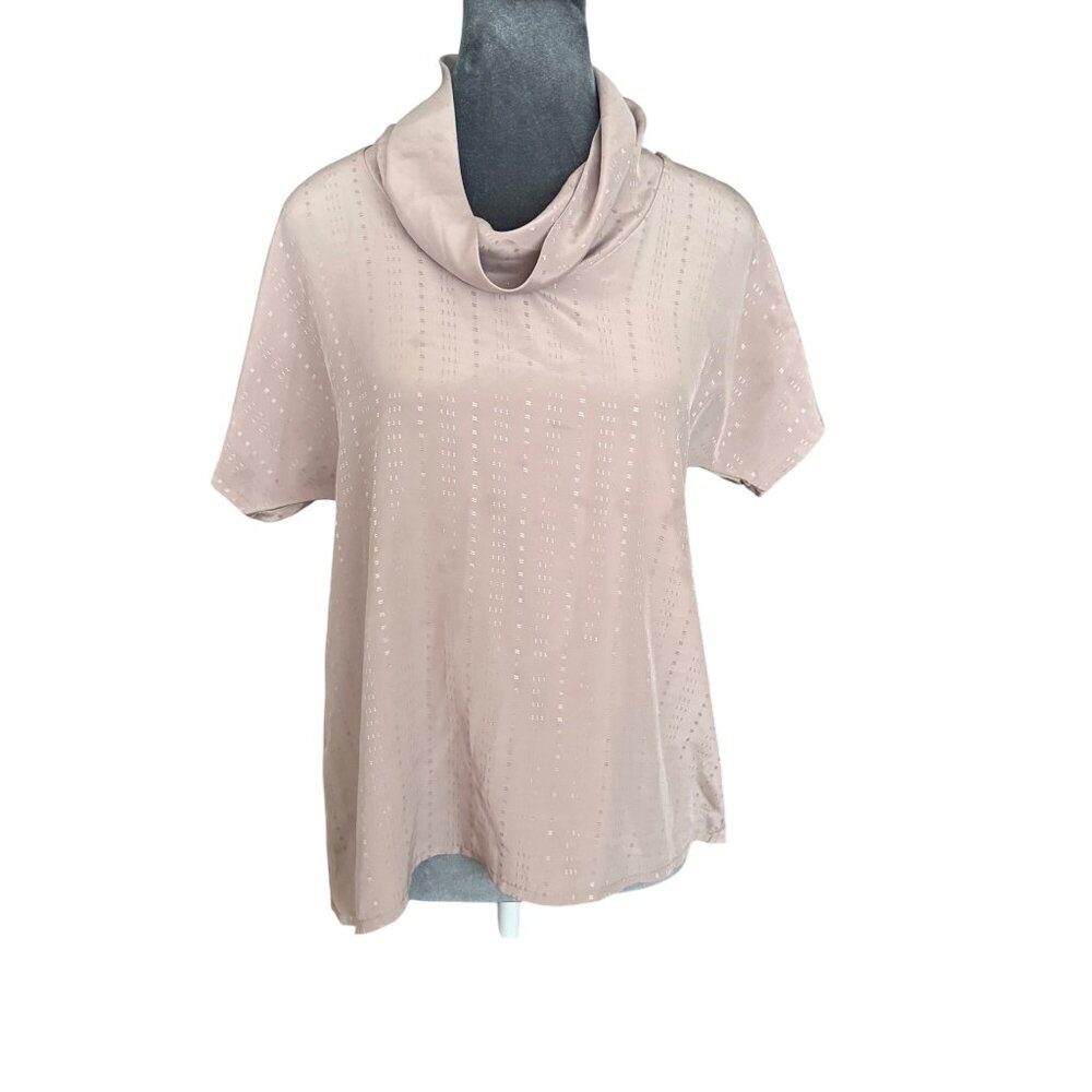 Womens S Beige Cowl Neck Short Sleeve Blouse By J1624 100% Polyester Made In USA